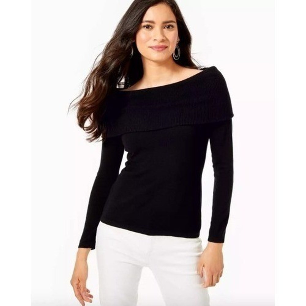 Lilly Pulitzer Sweater Medium Black Christin Off The Shoulder Long Sleeve